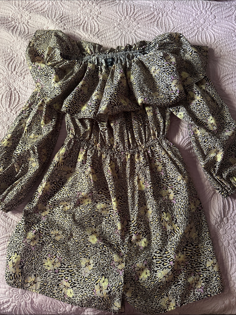 River Island Yellow Floral Leopard Animal Print Romper, elastic waist, fall